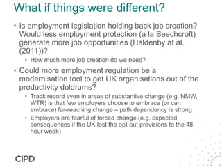 What if things were different?
• Is employment legislation holding back job creation?
Would less employment protection (a la Beechcroft)
generate more job opportunities (Haldenby at al.
(2011))?
• How much more job creation do we need?
• Could more employment regulation be a
modernisation tool to get UK organisations out of the
productivity doldrums?
• Track record even in areas of substantive change (e.g. NMW,
WTR) is that few employers choose to embrace (or can
embrace) far-reaching change – path dependency is strong
• Employers are fearful of forced change (e.g. expected
consequences if the UK lost the opt-out provisions to the 48
hour week)
 