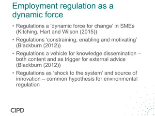Employment regulation as a
dynamic force
• Regulations a ‘dynamic force for change’ in SMEs
(Kitching, Hart and Wilson (2015))
• Regulations ‘constraining, enabling and motivating’
(Blackburn (2012))
• Regulations a vehicle for knowledge dissemination –
both content and as trigger for external advice
(Blackburn (2012))
• Regulations as ‘shock to the system’ and source of
innovation – common hypothesis for environmental
regulation
 