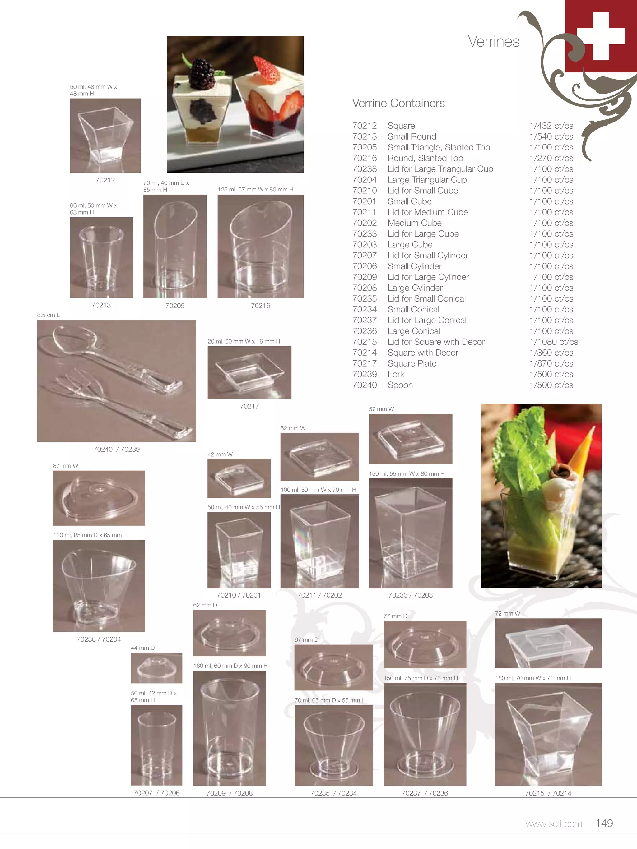 Verrines

           50 ml, 48 mm W x
           48 mm H
                                                                                                                 Verrine Containers
                                                                                                                 70212         Square                                    1/432 ct/cs
                                                                                                                 70213         Small Round                               1/540 ct/cs
                                                                                                                 70205         Small Triangle, Slanted Top               1/100 ct/cs
                                                                                                                 70216         Round, Slanted Top                        1/270 ct/cs
                                                                                                                 70238         Lid for Large Triangular Cup              1/100 ct/cs
                   70212             70 ml, 40 mm D x                                                            70204         Large Triangular Cup                      1/100 ct/cs
                                     85 mm H                      125 ml, 57 mm W x 80 mm H                      70210         Lid for Small Cube                        1/100 ct/cs
           66 ml, 50 mm W x
                                                                                                                 70201         Small Cube                                1/100 ct/cs
           63 mm H                                                                                               70211         Lid for Medium Cube                       1/100 ct/cs
                                                                                                                 70202         Medium Cube                               1/100 ct/cs
                                                                                                                 70233         Lid for Large Cube                        1/100 ct/cs
                                                                                                                 70203         Large Cube                                1/100 ct/cs
                                                                                                                 70207         Lid for Small Cylinder                    1/100 ct/cs
                                                                                                                 70206         Small Cylinder                            1/100 ct/cs
                                                                                                                 70209         Lid for Large Cylinder                    1/100 ct/cs
                                                                                                                 70208         Large Cylinder                            1/100 ct/cs
                                                                                                                 70235         Lid for Small Conical                     1/100 ct/cs
                  70213                      70205                           70216
                                                                                                                 70234         Small Conical                             1/100 ct/cs
8.5 cm L
                                                                                                                 70237         Lid for Large Conical                     1/100 ct/cs
                                                                                                                 70236         Large Conical                             1/100 ct/cs
                                                            20 ml, 60 mm W x 16 mm H                             70215         Lid for Square with Decor                 1/1080 ct/cs
                                                                                                                 70214         Square with Decor                         1/360 ct/cs
                                                                                                                 70217         Square Plate                              1/870 ct/cs
                                                                                                                 70239         Fork                                      1/500 ct/cs
                                                                                                                 70240         Spoon                                     1/500 ct/cs

                                                                         70217                                           57 mm W


                                                                                       52 mm W


                  70240 / 70239
                                                            42 mm W
     87 mm W
                                                                                                                         150 ml, 55 mm W x 80 mm H

                                                                                       100 ml, 50 mm W x 70 mm H

                                                            50 ml, 40 mm W x 55 mm H



     120 ml, 85 mm D x 65 mm H




                                                               70210 / 70201                  70211 / 70202                    70233 / 70203
                                                        62 mm D
                                                                                                                             77 mm D                          72 mm W



             70238 / 70204                                                                    67 mm D
                                 44 mm D


                                                        160 ml, 60 mm D x 90 mm H

                                                                                                                             150 ml, 75 mm D x 73 mm H        180 ml, 70 mm W x 71 mm H

                                 50 ml, 42 mm D x
                                 65 mm H                                                      70 ml, 65 mm D x 55 mm H




                                 70207 / 70206              70209 / 70208                          70235 / 70234                   70237 / 70236                        70215 / 70214



                                                                                                                                                                        www.scff.com      149
 