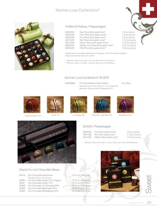 Norman Love Confections®



                                                          Truffles & Pralines, Prepackaged
                                                          90902GR             Two Piece (lime green box)°                               1/2 pc box/ut
                                                          90904GR             Four Piece (lime green box)°°                             1/4 pc box/ut
                                                          90905GR             Five Piece (lime green box)°°                             1/5 pc box/ut
                                                          90910GR             Ten Piece (lime green box)°°                              1/10 pc box/ut
                                                          90915GR             Fifteen Piece (lime green box)°°                          1/15 pc box/ut
                                                          90925GR             Twenty-Five Piece (lime green box)°°                      1/25 pc box/ut
                                                          90950GR             Fifty Piece (lime green box)°°                            1/50 pc box/ut

                                                          Holiday flavors are available depending on the season. Volume Pricing also available.
                                                          Please call Customer Service for details.

                                                          ° Minimum order is 50 boxes / mix and match any of the 28 flavors.
                                                          °° Minimum order is 25 boxes / mix and match any of the 28 flavors.




                                                          Norman Love Confections® BLACK
                                                          90908MBL           42 Piece Molded Praline Black                              42 ct/tray
                                                                             Hacienda Elvesia 74%, Arriba 72%, Cru Savage 68%,
                                                                             Maracaibo Clasificado 65%, Madagascar 64%




    Hacienda Elvesia 74%                     Arriba 72%             Cru Savage 68%             Maracaibo Clasificado 65%            Madagascar 64%




                                                                                  BLACK, Prepackaged
                                                                                  90905BL         Five Piece (black box)°°                        1/5 pc box/ut
                                                                                  90910BL         Ten Piece (black box)°°                         1/10 pc box/ut
                                                                                  90915BL         Fifteen Piece (black box)°°                     1/15 pc box/ut

                                                                                  °° Minimum order is 25 boxes / mix and match any of the 5 BLACK flavors.




Grand Cru Hot Chocolate Mixes
90979   Hot Chocolate Assortment                                  15/14 oz (400 g)/cs
                                                                                                                                                                   Sweet


        Includes three tins of each flavor
90980   Hot Chocolate Elvesia 74% Organic                         15/14 oz (400 g)/cs
90981   Hot Chocolate Arriba 72%                                  15/14 oz (400 g)/cs
90982   Hot Chocolate Cru Sauvage 68%                             15/14 oz (400 g)/cs
90983   Hot Chocolate Maracaibo 65%                               15/14 oz (400 g)/cs
90984   Hot Chocolate Madagascar 64%                              15/14 oz (400 g)/cs




                                                                                                                                                    www.scff.com    123
 