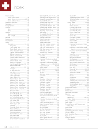 Index
  Sauces (contd.)                                                   Specialty Shells, dark round ..... 96                        Square Tart .............................. 50
      Savory (Haco-Swiss) ...................... 18                 Specialty Shells, white round .... 96                        Tartelette (Cannele) Rustic ........ 54
      Savory (Menu) ........................... 41, 44              Square Chocolate Cups ......... 102                          Tartelette Neutral ...................... 54
      Savory & Sweet (Menu) ................... 42                  Square Shells, dark .................. 99                    Triangle Tart .............................. 50
  Sauerkraut with Wine............................ 33               Square Shells, dark thin............ 99                 Pastry, sweet ............................ 56–66
  Sausages ............................................. 36         Square Shells, milk ................... 99                   3D Tart ..................................... 58
  Schupf Noodles .................................... 33            Square Shells Modern, dark ..... 96                          Babas (Savarin) ........................ 65
  Scrivosa                                                          Square Shells Modern, white .... 96                          Cannoli Shells, large ................. 65
      Dark ............................................... 92       Square Shells, white ................. 99                    Cannoli Shells, micro ................ 65
      White ............................................. 92        Tear Drop, marble small.......... 101                        Cannoli Shells, mini .................. 65
  Seafood                                                           Tear Drops ............................. 102                 Choux Cream Puff .................... 65
      Base .............................................. 14        Timbales Shells, ruffled ............. 95                    Cones ...................................... 57
      Pâté with Dill .................................. 38          Triangle Shells, dark ................. 98                   Cones Mini ............................... 57
  Sea Salt ................................................ 32      Triangle Shells, milk .................. 98                  Coupelles H Sweet................... 62
  Seasonings........................................... 19          Truffle Shells, dark .................... 97                 Coupelles Shortcrust ................ 62
  Sheet Gelatin ...................................... 141          Truffle Shells, milk ..................... 97                Diamond Tart............................ 61
  Shells                                                            Truffle Shells, white ................... 97                 Eclairs Large ............................ 65
      Chocolate .............................. 94–105               Tulip Cup, marbled medium ... 100                            Friandise/ Confectionery Shells
          Barquettes ............................... 95             Tulip Cup, marbled small ........ 100                          Hazelnut ................................ 64
          Candy Shells, dark ................. 104                  Tulip Cup, pastel medium ....... 100                         Friandise / Confectionery Shells
          Candy Shells, white ................ 104                  Tulip Cup, pastel small ........... 100                        Round ................................... 64
          Coffee Chocolate Cups .......... 102                      Victoria Cups, dark................... 95                    Friandise / ConfectioneryShells
          Cylinder, marble medium ........ 101                      Victoria Cups, marbled ............. 95                        Square .................................. 64
          Cylinder, marble mini .............. 101               Pastry, neutral ................................ 66             Heart Tart ................................. 61
          Cylinder, marble small ............ 101                   Coupelles ................................. 66               Lingot Rectangle ...................... 62
          Dessert Shells, dark round ....... 95                     Coupelles H ............................. 66                 Mini Babas (Savarin) ................. 65
          Flower, dark ........................... 103              Friandise / Confectionery Shells                             Mini Baskets ............................ 57
          Golf Ball Shells, white ............. 104                    Round ....................... 55, 64, 66                  Mini Choux Cream Puff ............ 65
          Heart Cup, dark thin ............... 104                  Friandise / Confectionery Shells                             Mini Cornets Cream Horns ....... 65
          Heart Shape Shells, dark 103, 104                            Square ...................... 55, 64, 66                  Mini Eclairs ............................... 65
          Heart Shape Shells,                                       Lingot Rectangle ................ 55, 66                     Mini Tartelette ........................... 64
             white ........................... 103, 104             Spoon Rustic ........................... 66                  Oval Tart ................................... 60
          Hexagon ................................ 102              Tartelette ............................ 54, 66               Rectangle Tart .................... 59, 60
          Iris Mini Tulip Cup ................... 100            Pastry, savory ........................... 48–56                Round Tart ......................... 59, 61
          Leaf, dark ............................... 103            3D Tart ..................................... 49             Shortcrust Cannele .................. 62
          Liquor Cups, dark .................... 97                 Bouchées Large ....................... 55                    Spoon ...................................... 62
          Liquor Cups, milk ..................... 97                Cone Mini................................. 49                Square ..................................... 62
          Liquor Cups, white ................... 97                 Cones ...................................... 49              Square Tart ........................ 58, 60
          Macaron Cups, dark .............. 105                     Coupelles H Curcumin ............. 54                        Tartelette .................................. 62
          Macaron Cups, dark/gold....... 105                        Coupelles H Neutral ................. 54                     Tartelette, Chocolate Coated .... 64
          Macaron Cups, white ............. 105                     Coupelles H Noire .................... 54                    Tartelette Flower ....................... 64
          Macaron Cups, white/gold ..... 105                        Coupelles H Pesto ................... 54                     Tartelette Sable Sucré .............. 64
          Macaron Cups, white/green ... 105                         Coupelles H Rustic ................... 54                    Triangle Tart ........................ 59, 60
          Macaron Cups, white/orange . 105                          Coupelles H Tomato ................. 54            Sherry Wine Vinegar ............................. 30
          Macaron Cups, white/red ....... 105                       Coupelles Neutral ..................... 54         Shiitake ................................................ 34
          Mini Cups, dark ...................... 102                Coupelles Rustic ...................... 54         Shrimp Base......................................... 14
          Mini Cups, white .................... 102                 Fish Bouchées Large................ 55             Silhouettes, chocolate ........................ 128
          Mini Truffle Shells, dark ............. 97                Flower Tart Shell Neutral ........... 55           Silicone
          Mini Truffle Shells, milk.............. 97                Friandise / Confectionery Shells                        Baking Mats ................................. 146
          Mini Truffle Shells, white............ 97                    Round ................................... 55         Flex Molds............................ 144–147
          Morello Cherry Shells, dark ....... 99                    Friandise / Confectionery Shells                        Praline Molds ............................... 148
          Oval Shells, dark ...................... 98                  Square .................................. 55    Silver Leaf Sheets ............................... 141
          Petit Four Shells ....................... 95              Lingot Rectangle Neutral .......... 55             Silver Pearls ........................................ 129
          Praline Cups, dark .................... 98                Lingot Rectangle Rustic ........... 55             Smoked Salmon with Pistachio and
          Pyramide ................................ 102             Mini Baskets ............................ 49          Truffles Pâté ...................................... 38
          Rectangle Shells, dark .............. 99                  Mini Bouchées ......................... 55         Snow Sugar ....................................... 115
          Rose, dark large ..................... 100                Mini Fish Bouchées .................. 55           Soupmixes ..................................... 17, 22
          Rose, marbled large ............... 100                   Mini Toast Round ..................... 55          Spaetzle Egg Noodle Dumplings........... 33
          Rose, pastel large .................. 100                 Mini Toast Square..................... 55          Spices & Herbs..................................... 32
          Round Half Cups, dark ............. 98                    Rectangle Tart .......................... 50       Spicy Neapolitan Sauce ........................ 41
          Sea Shells, dark ..................... 103                Round Tart ............................... 50      Spicy Sauce ......................................... 41
          Sea Shells, white .................... 103                Spoon Rustic Neutral ............... 54            Sponge Cake Mix
          Snobinette Chocolate Cups ... 101                         Square Rustic .......................... 54             Chocolate .................................... 116




160 1.800.34.SWISS
 