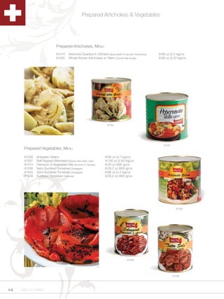 Prepared Artichokes & Vegetables




                              Prepared Artichokes, Menu
                              91018     Artichoke Quarters In Oil/Herb (Spaccatelli Di Carciofo Freschezza)   6/88 oz (2.5 kg)/cs
                              91002     Whole Roman Artichokes w/ Stem (Carciofi Alla Giudia)                 6/89 oz (2.55 kg)/cs




                                                                        91002




                                                                                                                 91037
       Prepared Vegetables, Menu

       91028   Antipasto Gitano                                        6/94 oz (2.7 kg)/cs
       91037   Bell Peppers Marinated (Peperonata Della Casa)          6/100 oz (2.65 kg)/cs
       91014   Harmony of Vegetables Mix (Armonia Di Verdure)          6/28 oz (800 g)/cs
       91038   Semi Sundried Tomatoes (Soleggiati)                     6/28.2 oz (800 g)/cs
       91040   Semi Sundried Tomatoes (Soleggiati)                     6/88 oz (2.5 kg)/cs
       91039   Sundried Tomatoes (Tuttosole)                           6/28.2 oz (800 g)/cs




                                                                                                                           91028




                                                                                          91038




                                                                                                                         91039




46   1.800.34.SWISS
 