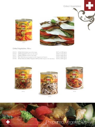Grilled Vegetables




                91011




Grilled Vegetables, Menu
91013   Grilled Artichokes (Carciofi Alla Griglia)                                6/27 oz (780 g)/cs
91012   Grilled Eggplant (Melanzane Alla Griglia)                                 6/26 oz (750 g)/cs
91011   Grilled Peppers (Peperoni Alla Griglia)                                   6/28 oz (800 g)/cs
91015   Mix Grill (Grilled and Quartered Zucchini, Eggplant and Peppers)          6/29 oz (820 g)/cs
91016   Whole Natural Grilled Peppers Without Skin (Peperoni Interi Alla Brace)   6/28 oz (800 g)/cs




               91012                                                                                    91015




                                                                  91013




1.800.34.SWISS                                                Prepared Vegetables                                  47
 
