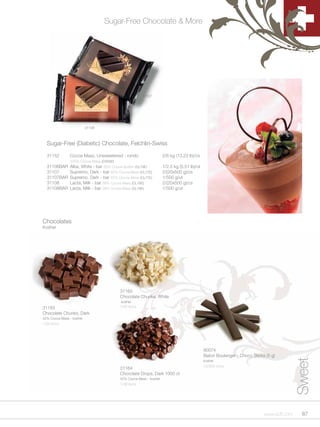 Sugar-Free Chocolate & More




                                                   31107




                          31108



  Sugar-Free (Diabetic) Chocolate, Felchlin-Swiss

  31152        Cocoa Mass, Unsweetened - rondo                  2/6 kg (13.23 lb)/cs
           100% Cocoa Mass (CS05E)
  31106BAR Alba, White - bar 36% Cocoa Butter) (CL79E)          1/2.5 kg (5.51 lb)/ut
  31107    Supremo, Dark - bar 62% Cocoa Mass (CL77E)           2/(20x500 g)/cs
  31107BAR Supremo, Dark - bar 62% Cocoa Mass (CL77E)           1/500 g/ut
  31108    Lacta, Milk - bar 38% Cocoa Mass (CL76E)             2/(20x500 g)/cs
  31108BAR Lacta, Milk - bar 38% Cocoa Mass (CL76E)             1/500 g/ut




Chocolates
Kosher




                                      31165
                                      Chocolate Chunks, White
                                      kosher
31163                                 1/30 lb/cs
Chocolate Chunks, Dark
42% Cocoa Mass - kosher
1/25 lb/cs




                                                                                        90074
                                                                                        Baton Boulanger - Choco Sticks (5 g)
                                                                                                                                     Sweet


                                                                                        kosher
                                                                                        15/300 ct/cs
                                      31164
                                      Chocolate Drops, Dark 1000 ct
                                      42% Cocoa Mass - kosher
                                      1/30 lb/cs




                                                                                                                      www.scff.com     87
 