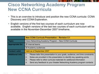 © 2007 Cisco Systems, Inc. All rights reserved. Cisco Public
CCNA rev5 1
Cisco Networking Academy Program
New CCNA Curricula
 This is an overview to introduce and position the new CCNA curricula: CCNA
Discovery and CCNA Exploration.
 English versions of the first two courses of each curriculum are now
available. English versions of the last two courses of each curriculum will be
available in the November-December 2007 timeframe.
 Academy audiences
1. Please tailor this presentation to your goals, audience, and time constraints.
2. Notes are provided in this presentation to identify key speaking points
3. Please refer to other curricula materials for additional information
4. Send any feedback to your theater Networking Academy program contacts
Additional info:
Valid as of September 2007
Content valid:
 Internal teams
Appropriate for:
Cisco Networking Academy Program – New CCNA Curricula
Topic:
New CCNA Curricula Presentation – Revision 5.1
 