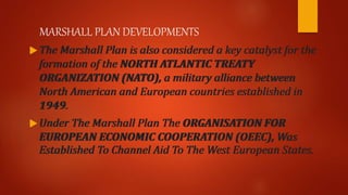 MARSHALL PLAN DEVELOPMENTS
 The Marshall Plan is also considered a key catalyst for the
formation of the NORTH ATLANTIC TREATY
ORGANIZATION (NATO), a military alliance between
North American and European countries established in
1949.
 Under The Marshall Plan The ORGANISATION FOR
EUROPEAN ECONOMIC COOPERATION (OEEC), Was
Established To Channel Aid To The West European States.
 The Marshall Plan is also considered a key catalyst for the
formation of the NORTH ATLANTIC TREATY
ORGANIZATION (NATO), a military alliance between
North American and European countries established in
1949.
 Under The Marshall Plan The ORGANISATION FOR
EUROPEAN ECONOMIC COOPERATION (OEEC), Was
Established To Channel Aid To The West European States.
 