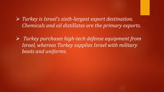  Turkey is Israel's sixth-largest export destination.
Chemicals and oil distillates are the primary exports.
 Turkey purchases high-tech defense equipment from
Israel, whereas Turkey supplies Israel with military
boots and uniforms.
 