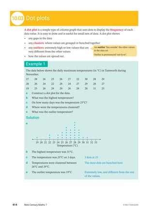 A dot plot is a simple type of column graph that uses dots to display the frequency of each
data value. It is easy to draw and is useful for small sets of data. A dot plot shows:
• any gaps in the data
• any clusters: where values are grouped or bunched together
• any outliers: extremely high or low values that are
very different from the other values
• how the values are spread out.
An outlier ‘lies outside’ the other values
in the data set.
Outlier is pronounced ‘out-ly-er’.
Dot plots
10.03
Example 1
The data below shows the daily maximum temperatures (in °C) in Tamworth during
November.
27  28  26  25  26  27  22  30  28  29
28  26  24  22  28  24  27  29  28  27
19  25  26  29  29  26  28  28  31  25
a Construct a dot plot for the data.
b What was the highest temperature?
c On how many days was the temperature 25°C?
d Where were the temperatures clustered?
e What was the outlier temperature?
Solution
a
19 20 21 22 23 24 25 26 27 28 29 30 31 32 33
Temperature (°C)
b The highest temperature was 31°C.
c The temperature was 25°C on 3 days. 3 dots at 25
d Temperatures were clustered between
26°C and 29°C.
The most dots are bunched here
e The outlier temperature was 19°C. Extremely low, and different from the rest
of the values.
414 New Century Maths 7 9780170453059
 