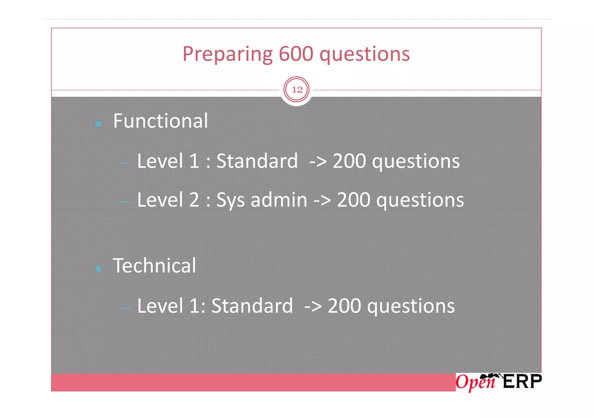Preparing 600 questions
12
Functional
− Level 1 : Standard -> 200 questions
− Level 2 : Sys admin -> 200 questions− Level 2 : Sys admin -> 200 questions
Technical
− Level 1: Standard -> 200 questions
 