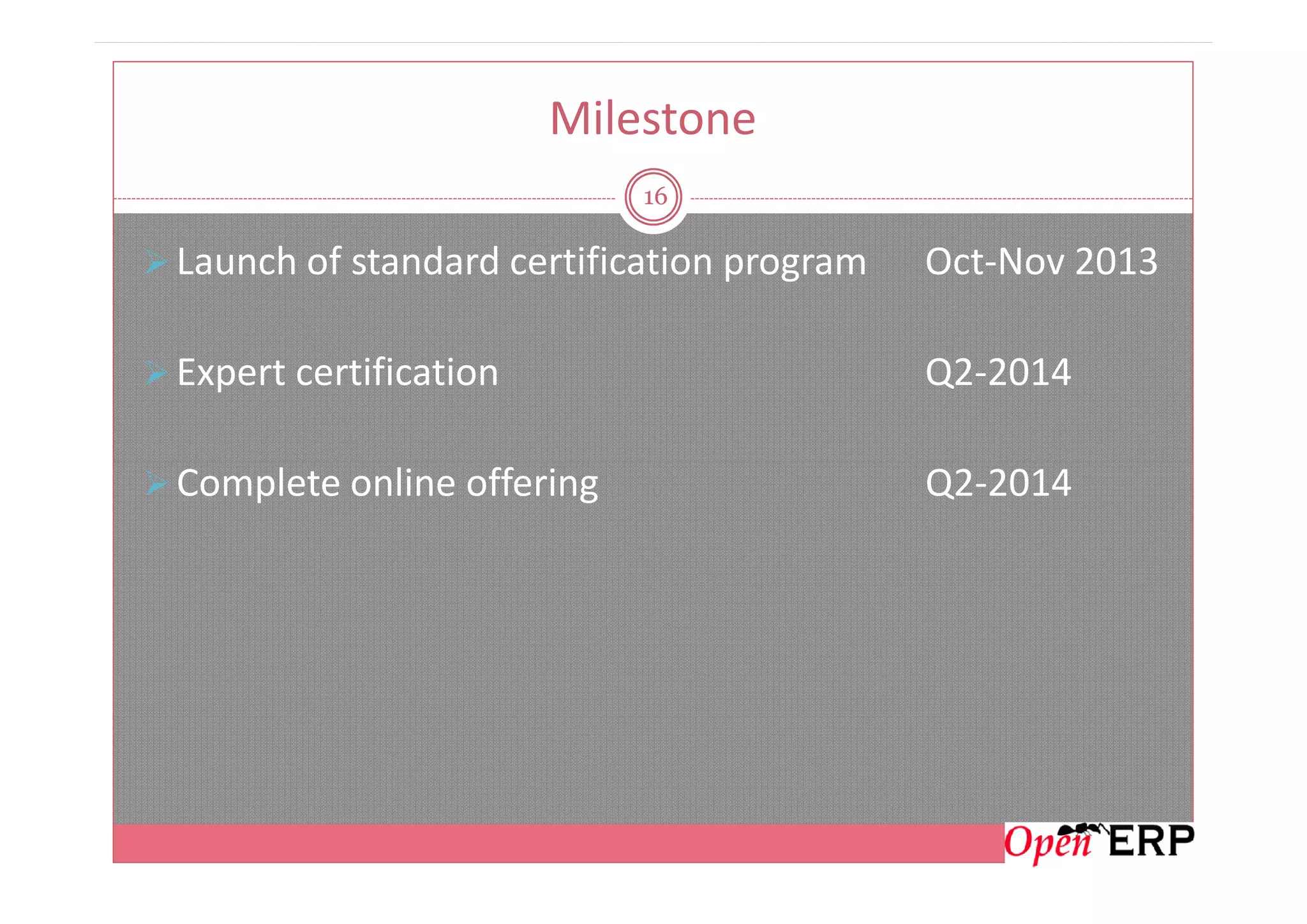 Milestone
16
Launch of standard certification program Oct-Nov 2013
Expert certification Q2-2014
Complete online offering Q2-2014Complete online offering Q2-2014
 