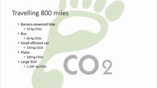 Travelling 800 miles 
• Banana powered bike 
• 53 kg CO2e 
• Bus 
• 66 kg CO2e 
• Small efficient car 
• 330 kg CO2e 
• Plane 
• 500 kg CO2e 
• Large SUV 
• 1,100 kg CO2e 
 