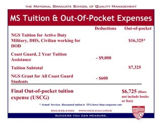 MS Tuition & Out-Of-Pocket Expenses * Armed  Services  discounted tuition is  33% lower than corporate rate   NGS Tuition for Active Duty Military, DHS, Civilian working for DOD  Coast Guard, 2 Year Tuition Assistance  Tuition Subtotal NGS Grant for All Coast Guard Students Final Out-of-pocket tuition expense (USCG) $16,325* - $9,000 $7,325 - $600 Deductions Out-of-pocket $6,725  (Does not include books or fees) 