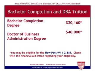 Bachelor Completion Degree  Doctor of Business Administration Degree *You may be eligible for the  New Post 9/11 GI Bill .  Check with the financial aid office regarding your eligibility. $20,160* $40,000* Bachelor Completion and DBA Tuition 