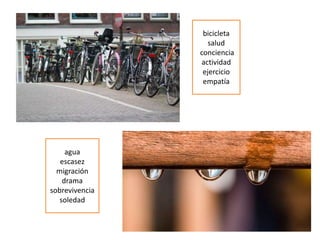 bicicleta
salud
conciencia
actividad
ejercicio
empatía
agua
escasez
migración
drama
sobrevivencia
soledad
 