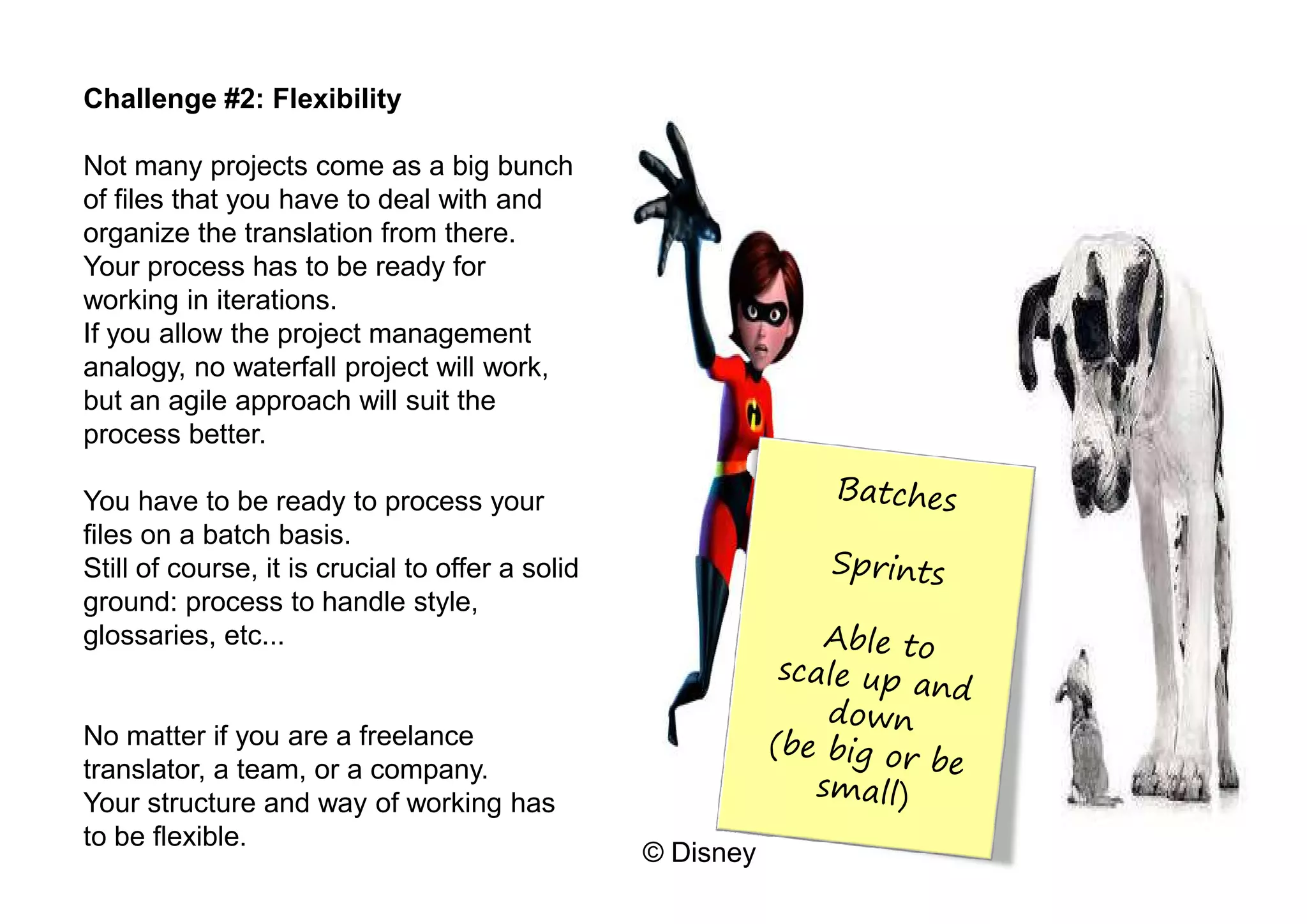 Challenge #2: Flexibility

Not many projects come as a big bunch
of files that you have to deal with and
organize the translation from there.
Your process has to be ready for
working in iterations.
If you allow the project management
analogy, no waterfall project will work,
but an agile approach will suit the
process better.

You have to be ready to process your
files on a batch basis.
Still of course, it is crucial to offer a solid
ground: process to handle style,
glossaries, etc...


No matter if you are a freelance
translator, a team, or a company.
Your structure and way of working has
to be flexible.
                                                  © Disney
 