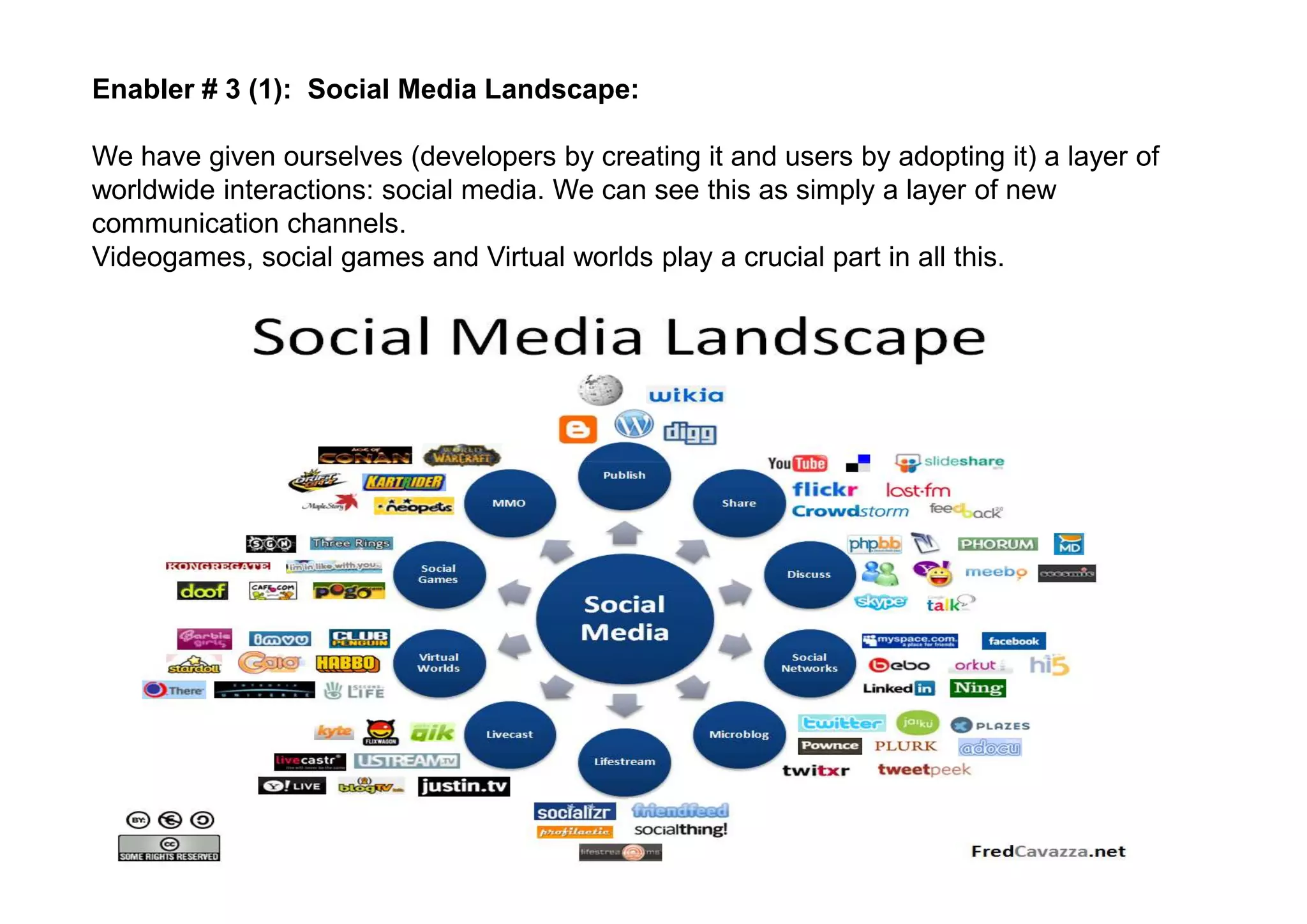 Enabler # 3 (1): Social Media Landscape:

We have given ourselves (developers by creating it and users by adopting it) a layer of
worldwide interactions: social media. We can see this as simply a layer of new
communication channels.
Videogames, social games and Virtual worlds play a crucial part in all this.
 