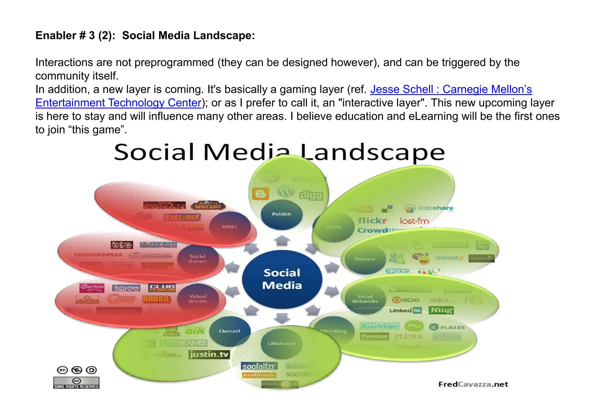 Enabler # 3 (2): Social Media Landscape:

Interactions are not preprogrammed (they can be designed however), and can be triggered by the
community itself.
In addition, a new layer is coming. It's basically a gaming layer (ref. Jesse Schell : Carnegie Mellon’s
Entertainment Technology Center); or as I prefer to call it, an "interactive layer". This new upcoming layer
is here to stay and will influence many other areas. I believe education and eLearning will be the first ones
to join “this game”.
 