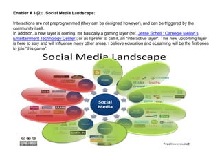 Enabler # 3 (2): Social Media Landscape:

Interactions are not preprogrammed (they can be designed however), and can be triggered by the
community itself.
In addition, a new layer is coming. It's basically a gaming layer (ref. Jesse Schell : Carnegie Mellon’s
Entertainment Technology Center); or as I prefer to call it, an "interactive layer". This new upcoming layer
is here to stay and will influence many other areas. I believe education and eLearning will be the first ones
to join “this game”.
 