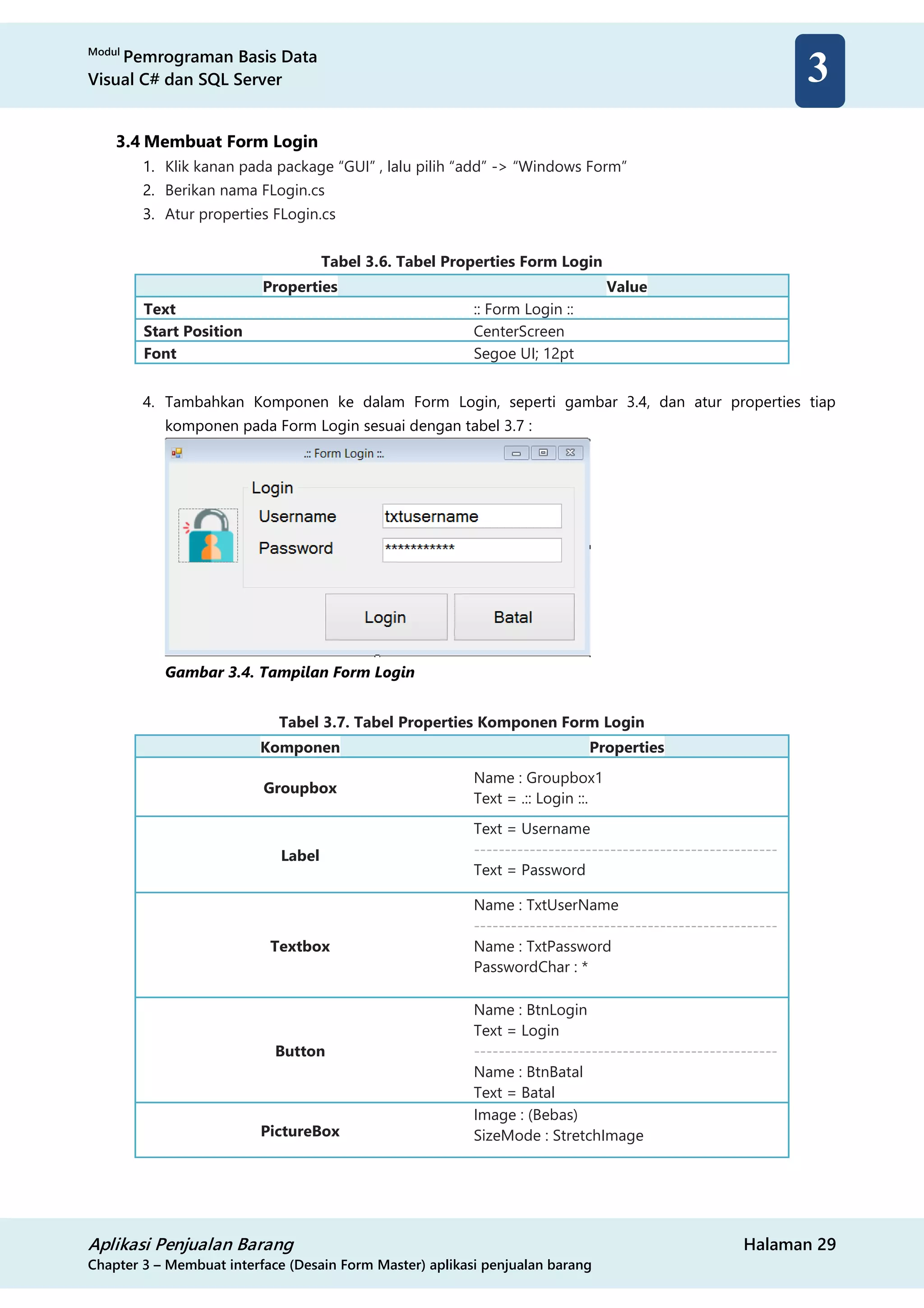 Modul
Pemrograman Basis Data
Visual C# dan SQL Server
Aplikasi Penjualan Barang Halaman 29
Chapter 3 – Membuat interface (Desain Form Master) aplikasi penjualan barang
3
3.4 Membuat Form Login
1. Klik kanan pada package “GUI” , lalu pilih “add” -> “Windows Form”
2. Berikan nama FLogin.cs
3. Atur properties FLogin.cs
Tabel 3.6. Tabel Properties Form Login
Properties Value
Text :: Form Login ::
Start Position CenterScreen
Font Segoe UI; 12pt
4. Tambahkan Komponen ke dalam Form Login, seperti gambar 3.4, dan atur properties tiap
komponen pada Form Login sesuai dengan tabel 3.7 :
Gambar 3.4. Tampilan Form Login
Tabel 3.7. Tabel Properties Komponen Form Login
Komponen Properties
Groupbox
Name : Groupbox1
Text = .:: Login ::.
Label
Text = Username
-------------------------------------------------
Text = Password
Textbox
Name : TxtUserName
-------------------------------------------------
Name : TxtPassword
PasswordChar : *
Button
Name : BtnLogin
Text = Login
-------------------------------------------------
Name : BtnBatal
Text = Batal
PictureBox
Image : (Bebas)
SizeMode : StretchImage
 