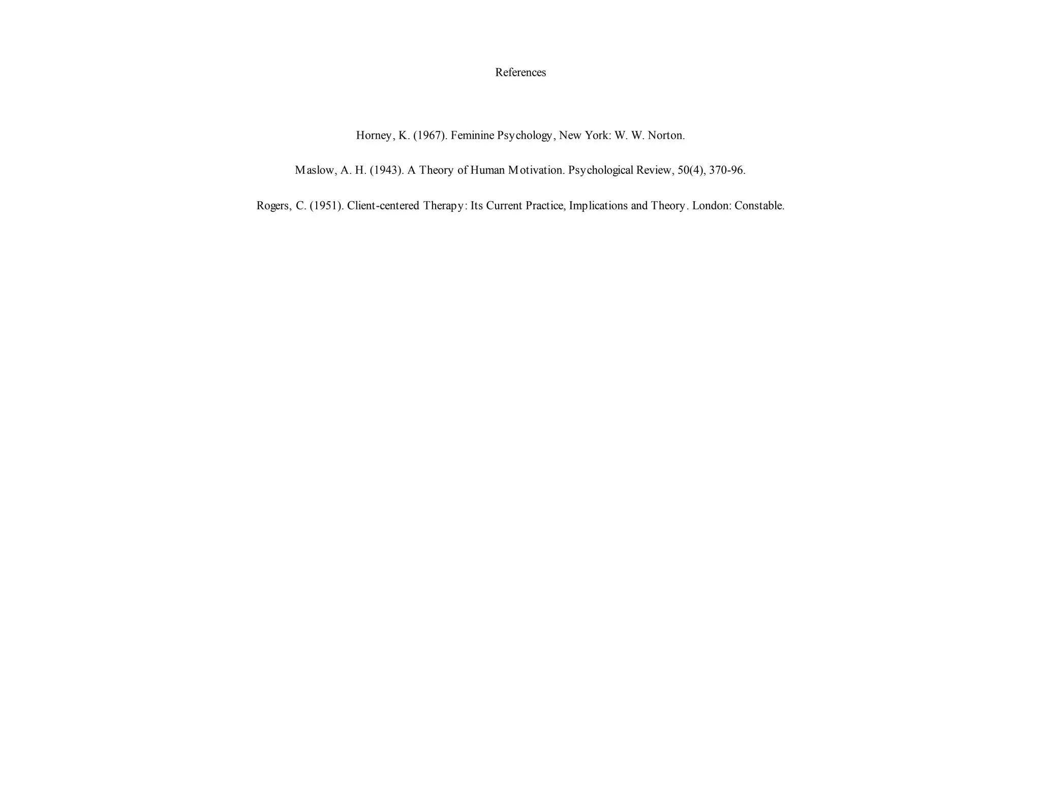 References 
Horney, K. (1967). Feminine Psychology, New York: W. W. Norton. 
Maslow, A. H. (1943). A Theory of Human Motivation. Psychological Review, 50(4), 370-96. 
Rogers, C. (1951). Client-centered Therapy: Its Current Practice, Implications and Theory. London: Constable. 
