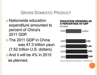 GROSS DOMESTIC PRODUCT
 Nationwide

education
expenditure amounted to
percent of China's
2011 GDP.
 The 2011 GDP in China
was 47.3 trillion yaun
(7.52 trillion U.S. dollars).
 And it will be 4% in 2015
as planned.

3.93

 