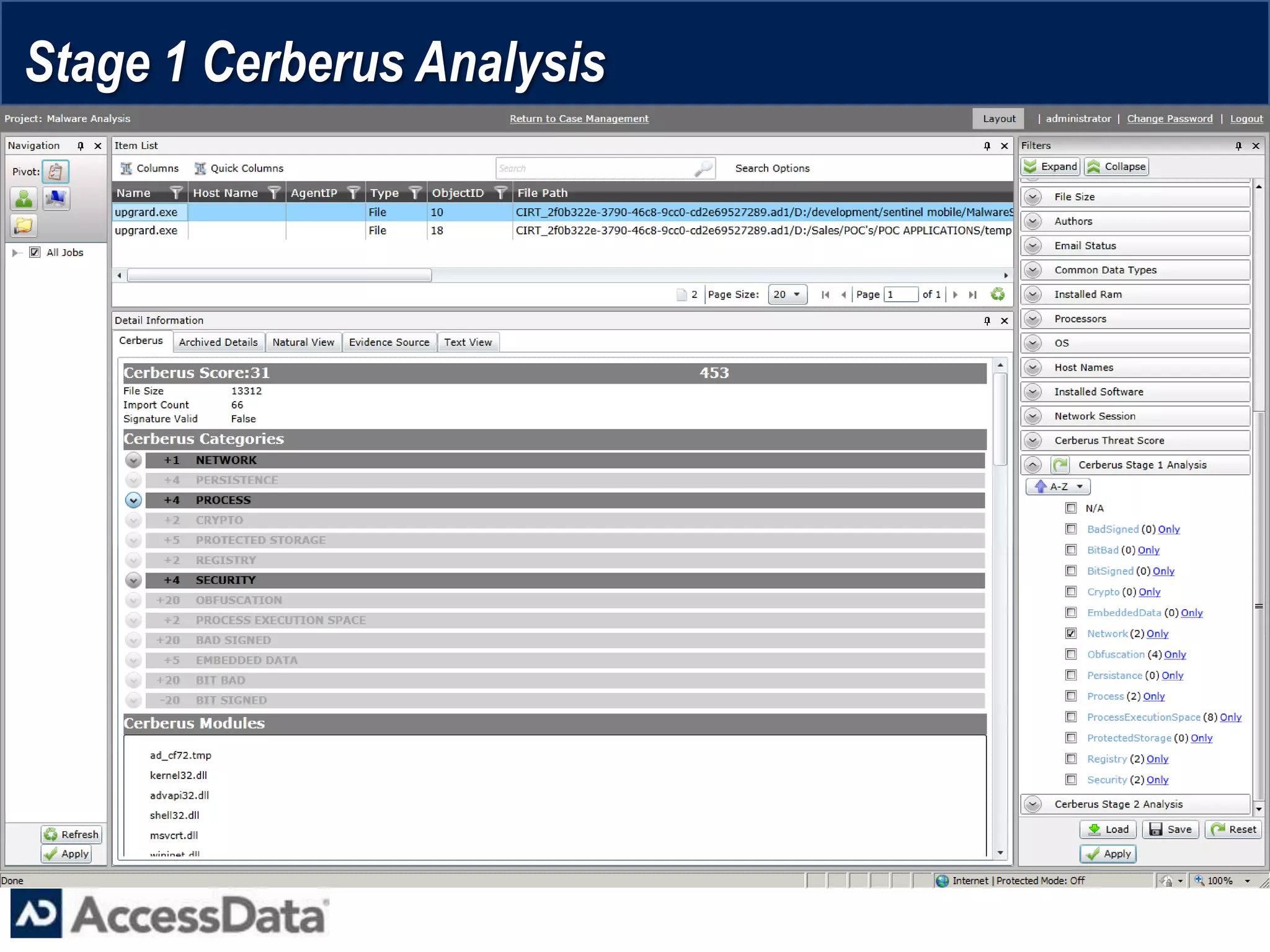 Stage 1 Cerberus Analysis
 