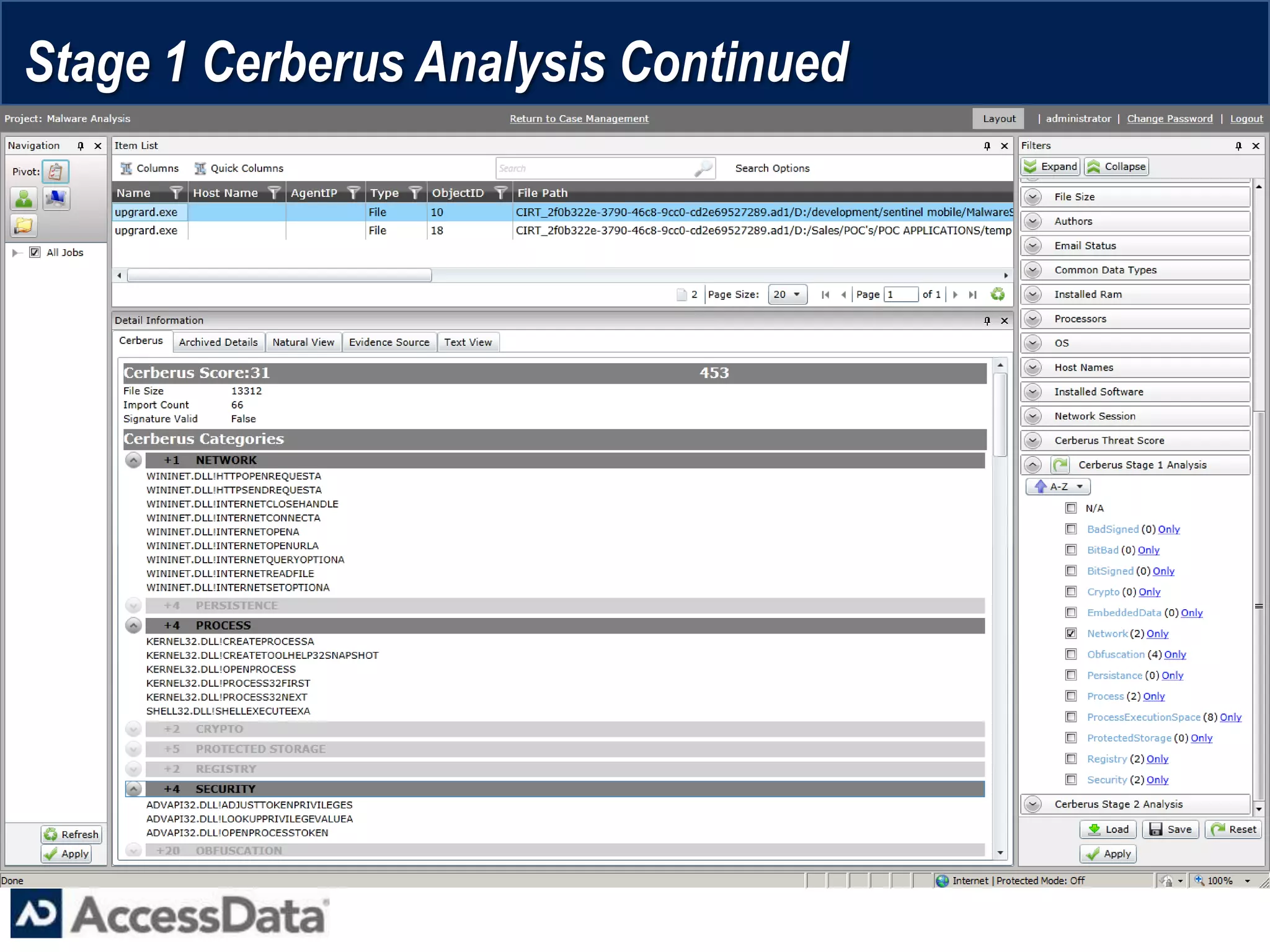 Stage 1 Cerberus Analysis Continued
 