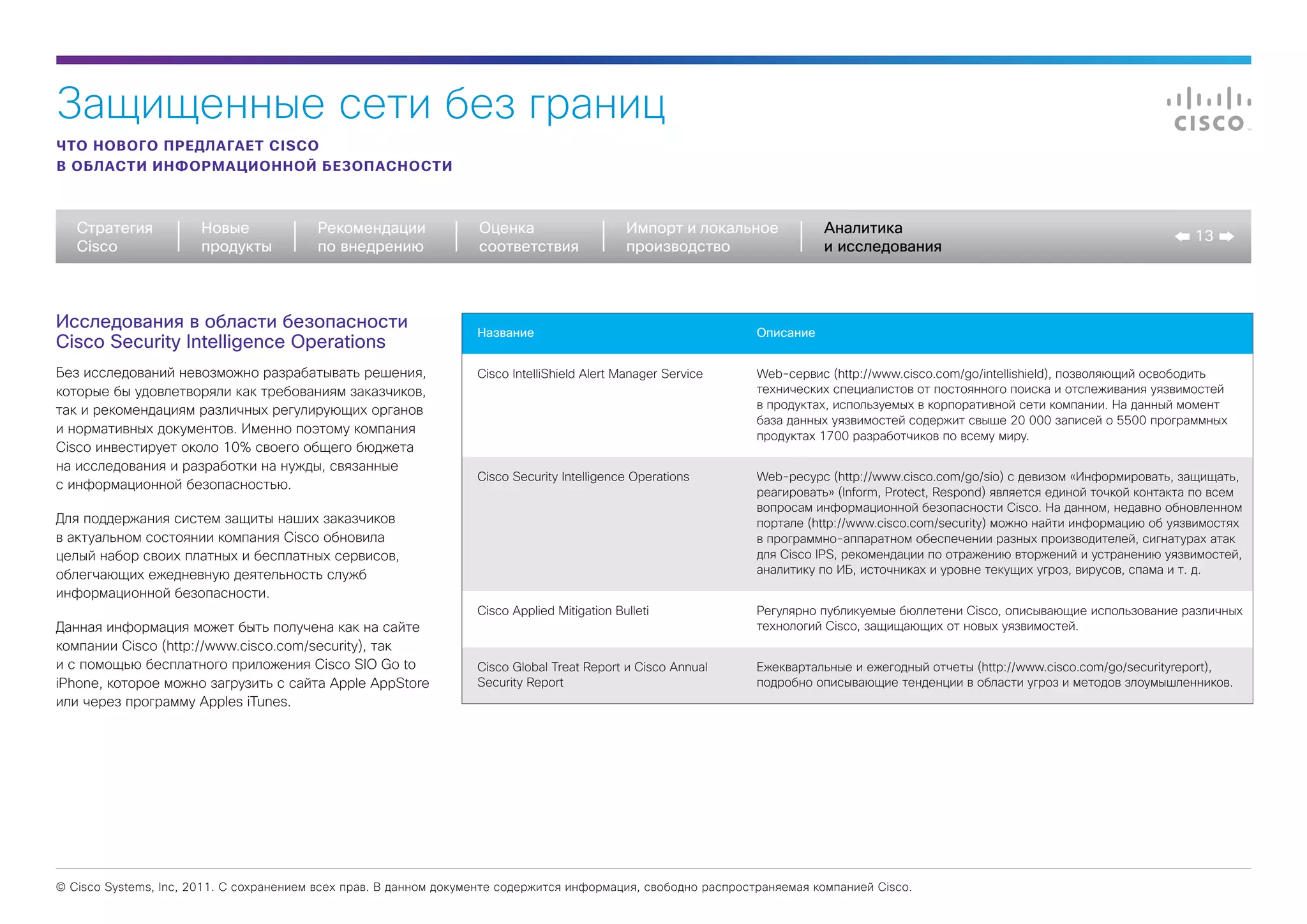 Защищенные сети без границ
ЧТО НОВОГО ПРЕДЛАГАЕТ CISCO
В ОБЛАСТИ ИНФОРМАЦИОННОЙ БЕЗОПАСНОСТИ



   Стратегия           Новые             Рекомендации              Оценка                     Импорт и локальное           Аналитика
                                                                                                                                                                                       13
   Cisco               продукты          по внедрению              соответствия               производство                 и исследования



Исследования в области безопасности                                Название                                     Описание
Cisco Security Intelligence Operations
Без исследований невозможно разрабатывать решения,                 Cisco IntelliShield Alert Manager Service    Web-сервис (http://www.cisco.com/go/intellishield), позволяющий освободить
которые бы удовлетворяли как требованиям заказчиков,                                                            технических специалистов от постоянного поиска и отслеживания уязвимостей
так и рекомендациям различных регулирующих органов                                                              в продуктах, используемых в корпоративной сети компании. На данный момент
                                                                                                                база данных уязвимостей содержит свыше 20 000 записей о 5500 программных
и нормативных документов. Именно поэтому компания                                                               продуктах 1700 разработчиков по всему миру.
Cisco инвестирует около 10% своего общего бюджета
на исследования и разработки на нужды, связанные
                                                                   Cisco Security Intelligence Operations       Web-ресурс (http://www.cisco.com/go/sio) с девизом «Информировать, защищать,
с информационной безопасностью.
                                                                                                                реагировать» (Inform, Protect, Respond) является единой точкой контакта по всем
                                                                                                                вопросам информационной безопасности Cisco. На данном, недавно обновленном
Для поддержания систем защиты наших заказчиков                                                                  портале (http://www.cisco.com/security) можно найти информацию об уязвимостях
в актуальном состоянии компания Cisco обновила                                                                  в программно-аппаратном обеспечении разных производителей, сигнатурах атак
целый набор своих платных и бесплатных сервисов,                                                                для Cisco IPS, рекомендации по отражению вторжений и устранению уязвимостей,
облегчающих ежедневную деятельность служб                                                                       аналитику по ИБ, источниках и уровне текущих угроз, вирусов, спама и т. д.
информационной безопасности.
                                                                   Cisco Applied Mitigation Bulleti             Регулярно публикуемые бюллетени Cisco, описывающие использование различных
Данная информация может быть получена как на сайте                                                              технологий Cisco, защищающих от новых уязвимостей.
компании Cisco (http://www.cisco.com/security), так
и с помощью бесплатного приложения Cisco SIO Go to                 Cisco Global Treat Report и Cisco Annual     Eжеквартальные и ежегодный отчеты (http://www.cisco.com/go/securityreport),
iPhone, которое можно загрузить с сайта Apple AppStore             Security Report                              подробно описывающие тенденции в области угроз и методов злоумышленников.
или через программу Apples iTunes.




© Cisco Systems, Inc, 2011. С сохранением всех прав. В данном документе содержится информация, свободно распространяемая компанией Cisco.
 