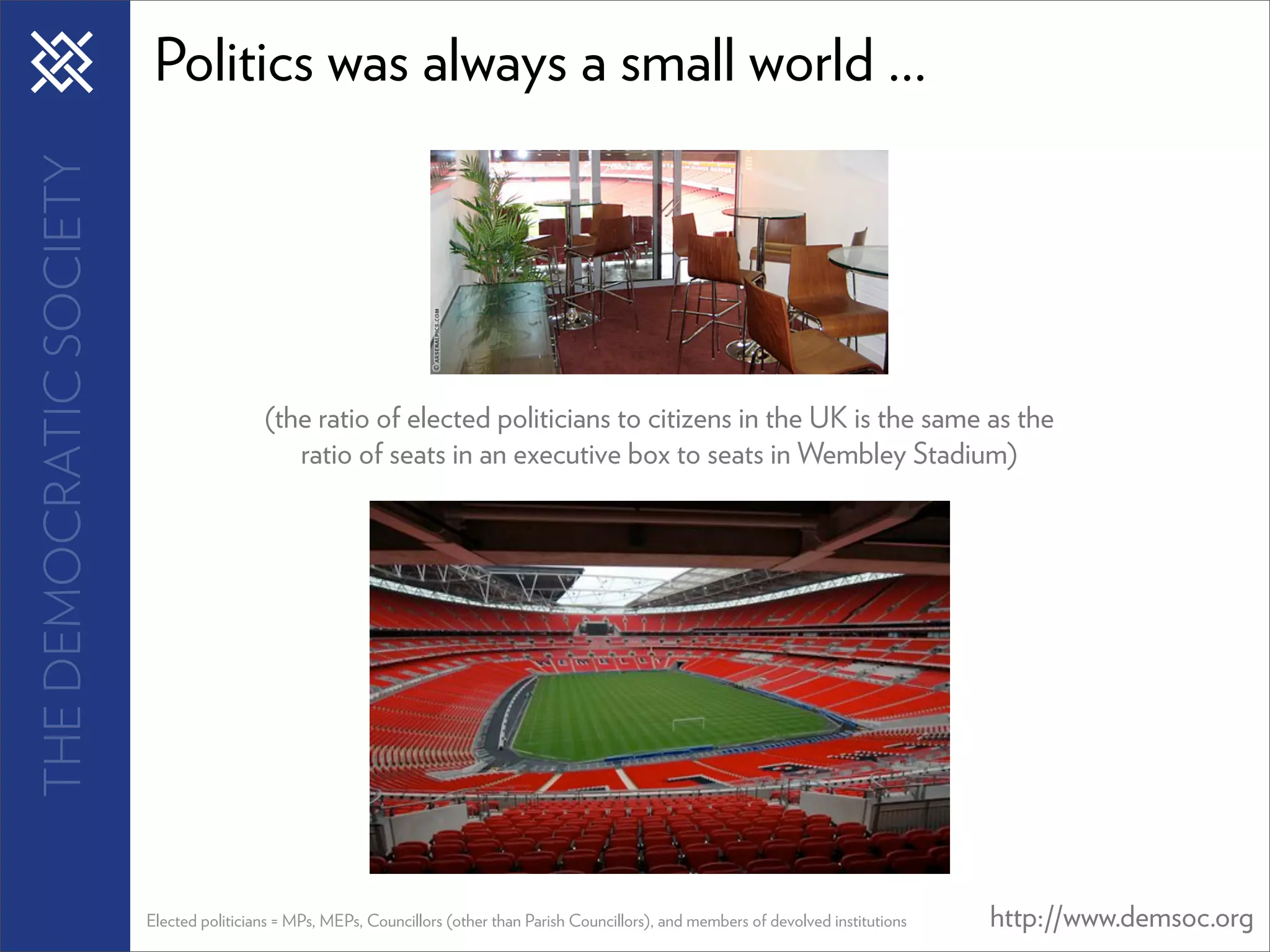 THE DEMOCRATIC SOCIETY    Politics was always a small world ...




                                          (the ratio of elected politicians to citizens in the UK is the same as the
                                             ratio of seats in an executive box to seats in Wembley Stadium)




                         Elected politicians = MPs, MEPs, Councillors (other than Parish Councillors), and members of devolved institutions   http://www.demsoc.org
 