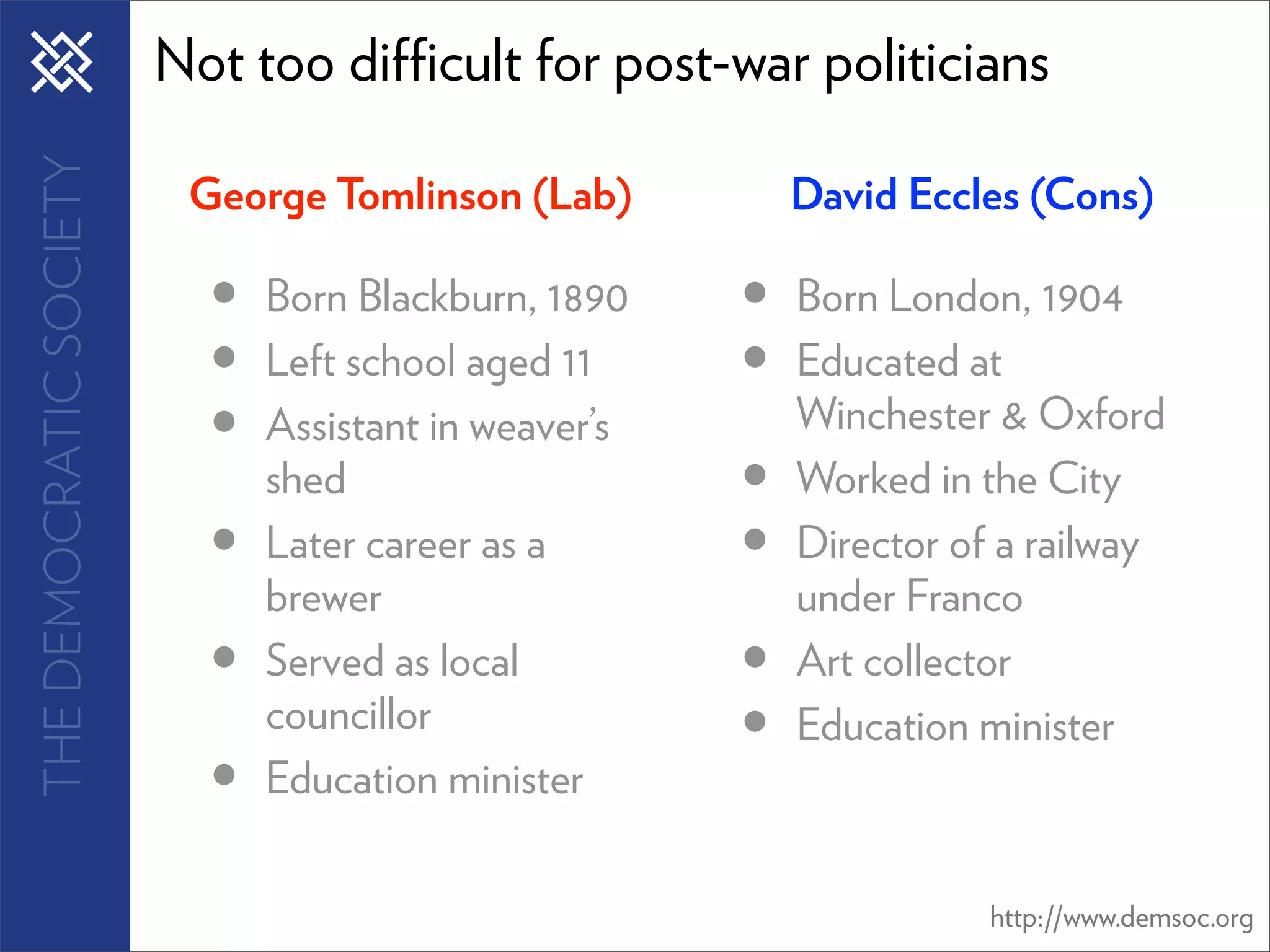 THE DEMOCRATIC SOCIETY   Not too di cult for post-war politicians

                          George Tomlinson (Lab)           David Eccles (Cons)

                           •   Born Blackburn, 1890    •   Born London, 1904
                           •   Left school aged 11     •   Educated at
                           •   Assistant in weaver’s       Winchester & Oxford
                               shed                    •   Worked in the City
                           •   Later career as a       •   Director of a railway
                               brewer                      under Franco
                           •   Served as local         •   Art collector
                               councillor              •   Education minister
                           •   Education minister

                                                                      http://www.demsoc.org
 