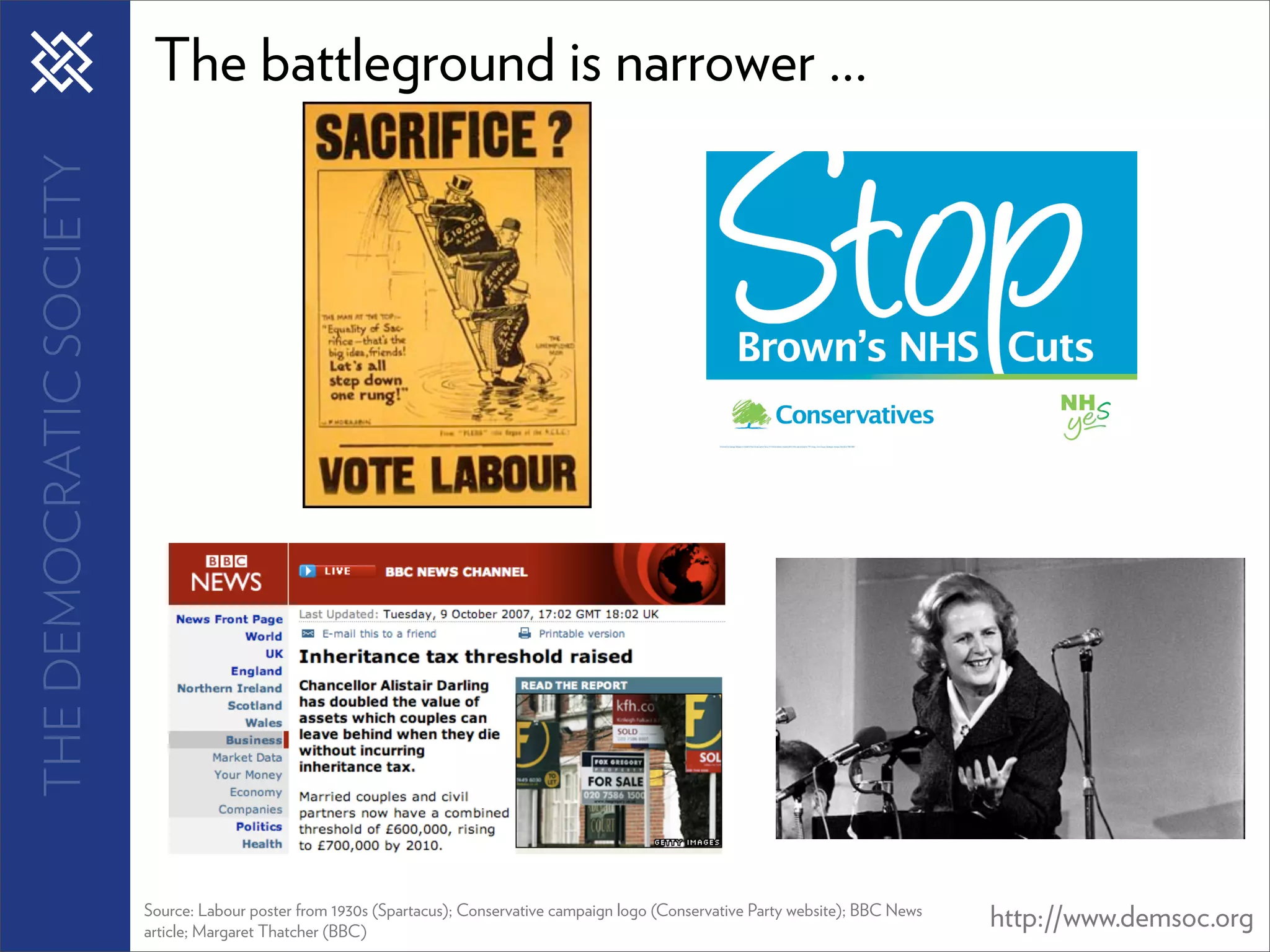 THE DEMOCRATIC SOCIETY    The battleground is narrower ...




                         Source: Labour poster from 1930s (Spartacus); Conservative campaign logo (Conservative Party website); BBC News
                         article; Margaret Thatcher (BBC)
                                                                                                                                           http://www.demsoc.org
 