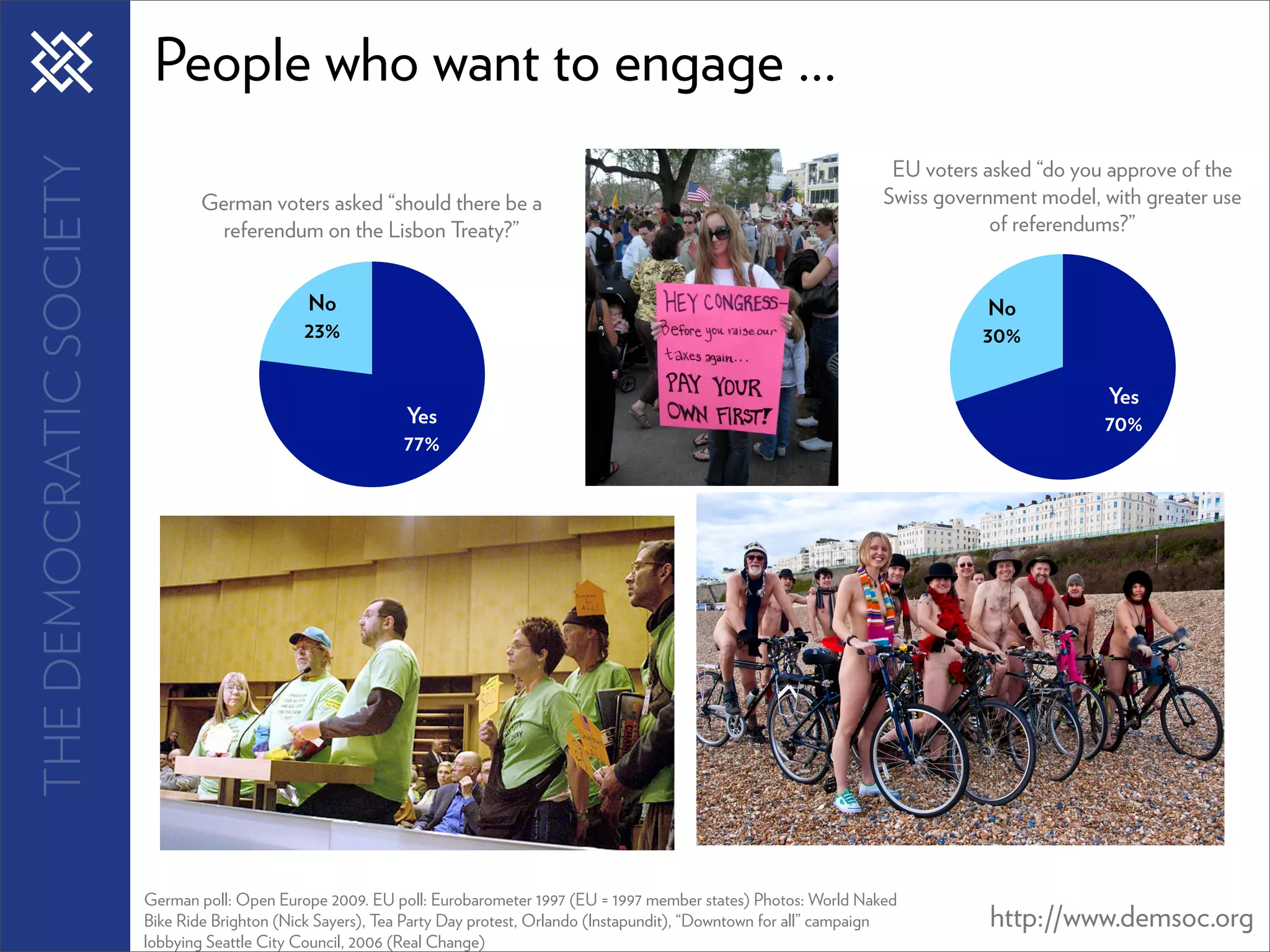 THE DEMOCRATIC SOCIETY    People who want to engage ...
                                                                                                                                   EU voters asked “do you approve of the
                                 German voters asked “should there be a                                                           Swiss government model, with greater use
                                   referendum on the Lisbon Treaty?”                                                                          of referendums?”


                                               No                                                                                             No
                                               23%                                                                                           30%

                                                                                                                                                          Yes
                                                             Yes                                                                                          70%
                                                             77%




                         German poll: Open Europe 2009. EU poll: Eurobarometer 1997 (EU = 1997 member states) Photos: World Naked
                         Bike Ride Brighton (Nick Sayers), Tea Party Day protest, Orlando (Instapundit), “Downtown for all” campaign         http://www.demsoc.org
                         lobbying Seattle City Council, 2006 (Real Change)
 