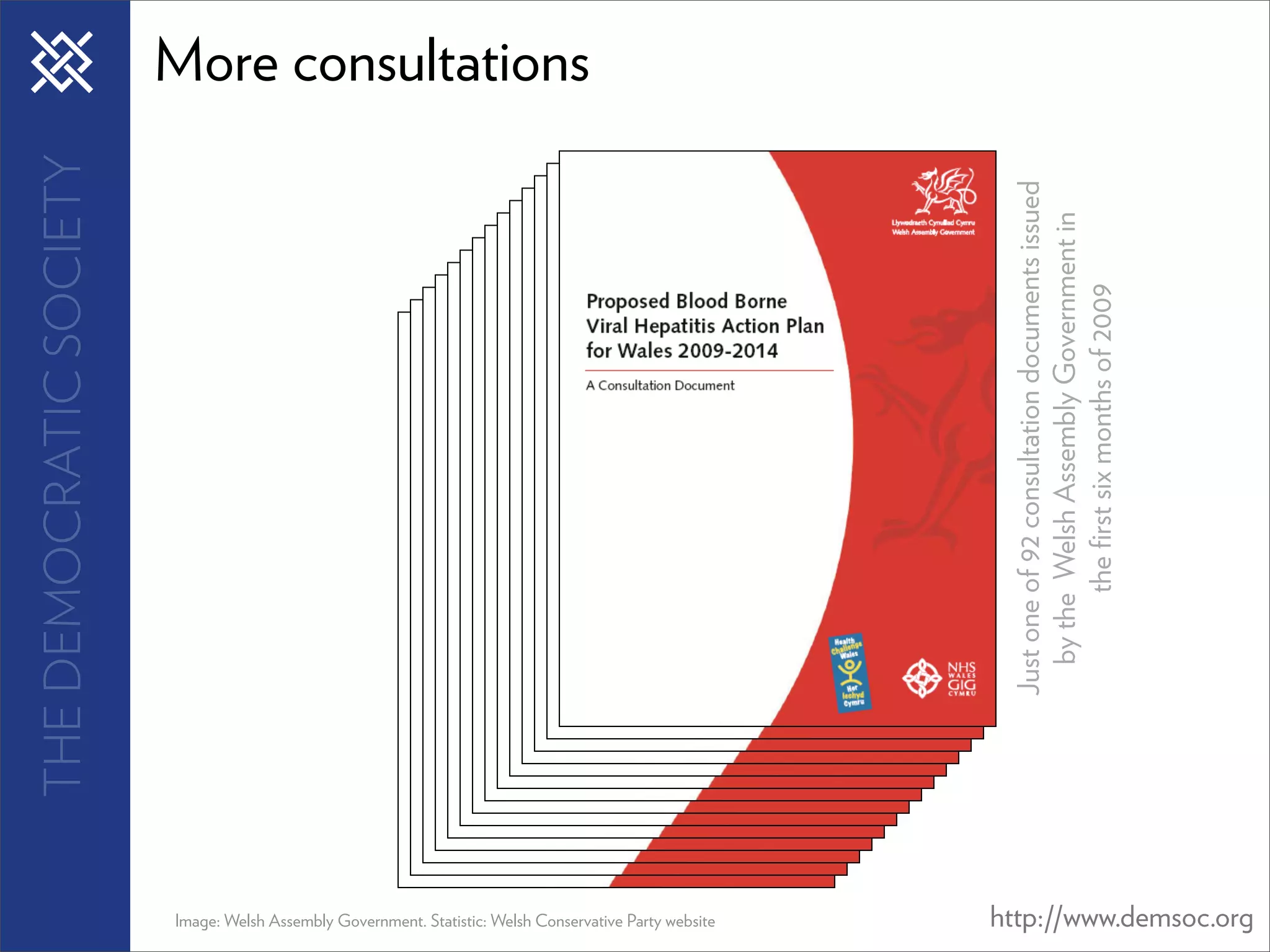 THE DEMOCRATIC SOCIETY                            More consultations




 Image: Welsh Assembly Government. Statistic: Welsh Conservative Party website




                                                                                    Just one of 92 consultation documents issued
                                                                                      by the Welsh Assembly Government in
                                                                                             the ﬁrst six months of 2009
http://www.demsoc.org
 