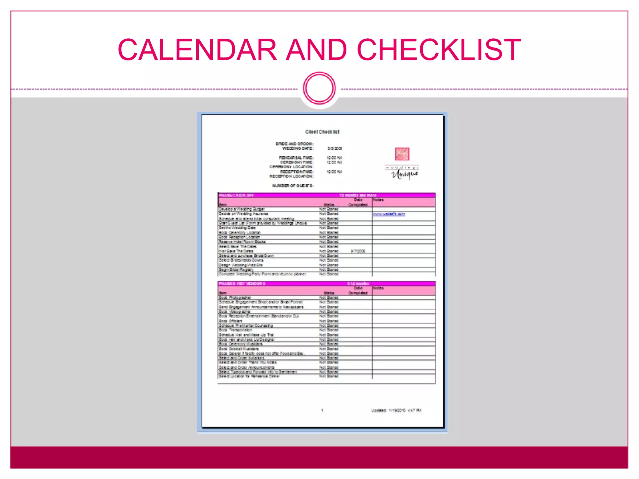 CALENDAR AND CHECKLIST 