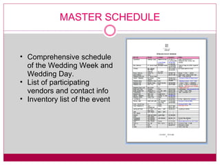 MASTER SCHEDULE Comprehensive schedule of the Wedding Week and Wedding Day. List of participating vendors and contact info Inventory list of the event 