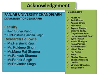 Acknowledgement 
PANJAB UNIVERSITY CHANDIGARH 
DEPARTMENT OF GEOGRAPHY 
Faculty 
• Prof. Surya Kant 
• Prof.Vishwa Bandhu Singh 
Research Fellow’s 
• Ms.Harsimrit Kaur 
• Mr. Kuldeep Singh 
• Mr.Manu Raj Sharma 
• Mr.Rakesh Sharma 
• Mr.Ranbir Singh 
• Mr.Ravinder Singh 
Classmate’s 
 Akbar Ali 
 Amit Kumar 
 Anjana Singh 
 Anjli Ghai 
 Arpana Bhagat 
 Bhawna Yadav 
 Gaganpreet Kaur 
 Harsimranpreet Kaur 
 Jyoti Thakur 
 Kavita Mongiya 
 Naina Parmar 
 Narinder Kaur 
 Nilesh Tiwari 
 Raj Kamal 
 Ruthi 
 Shailza Sharma 
 Sheeba Gaurang 
 Urmila 
 Virender Bhardwaj 
 Zakiya Bano 
 