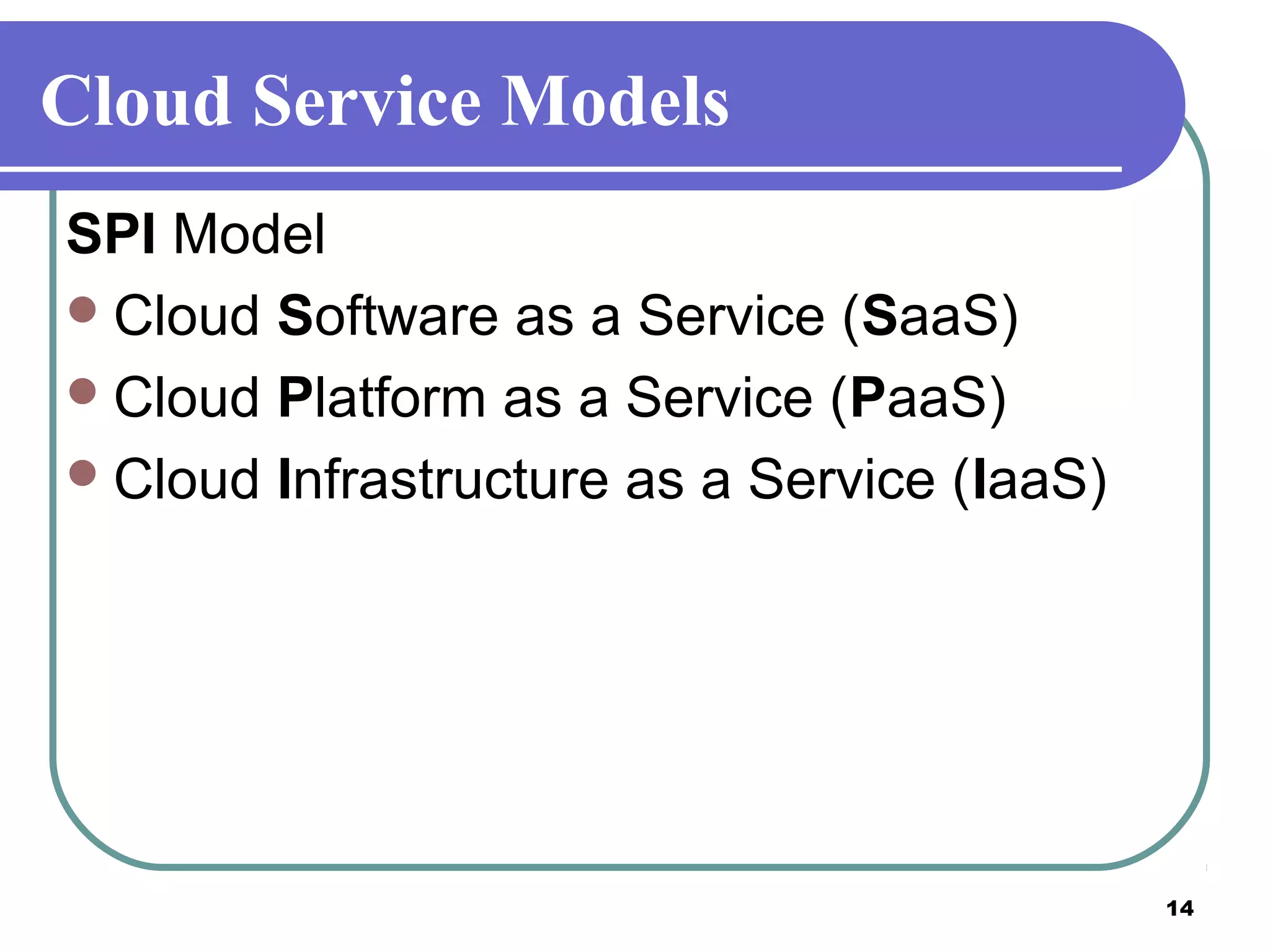 14
Cloud Service Models
SPI Model
Cloud Software as a Service (SaaS)
Cloud Platform as a Service (PaaS)
Cloud Infrastructure as a Service (IaaS)
 