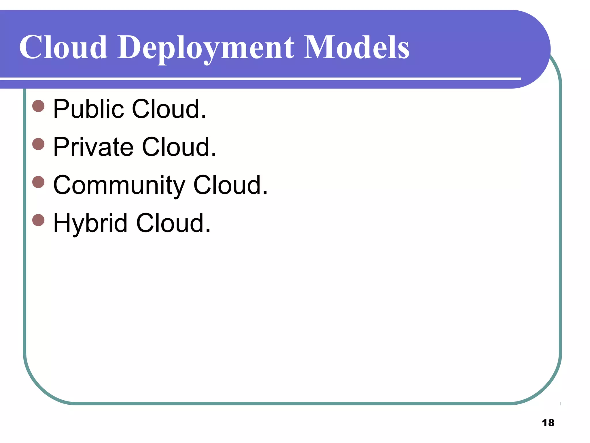 18
Cloud Deployment Models
Public Cloud.
Private Cloud.
Community Cloud.
Hybrid Cloud.
 
