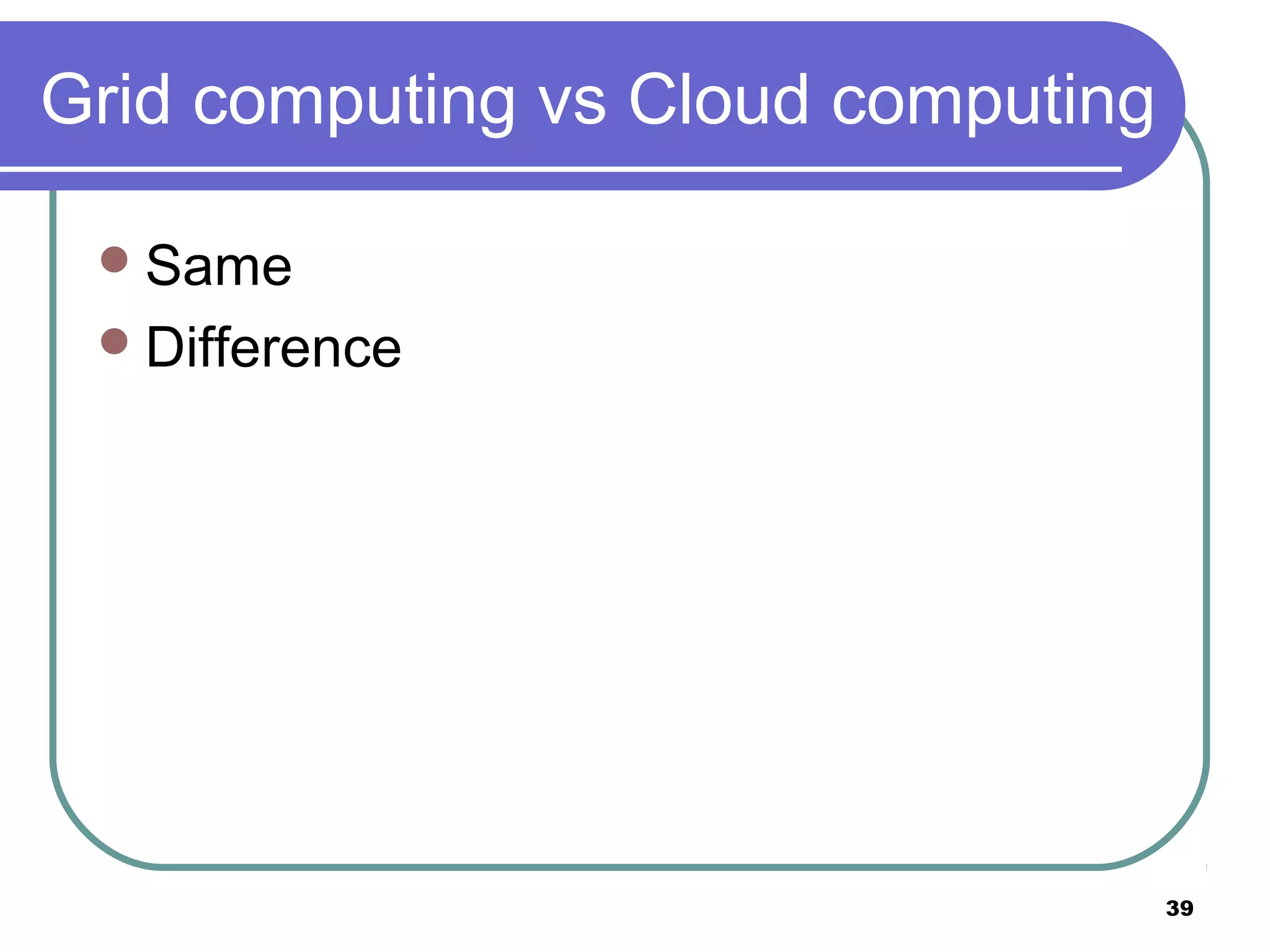 39
Grid computing vs Cloud computing
Same
Difference
 