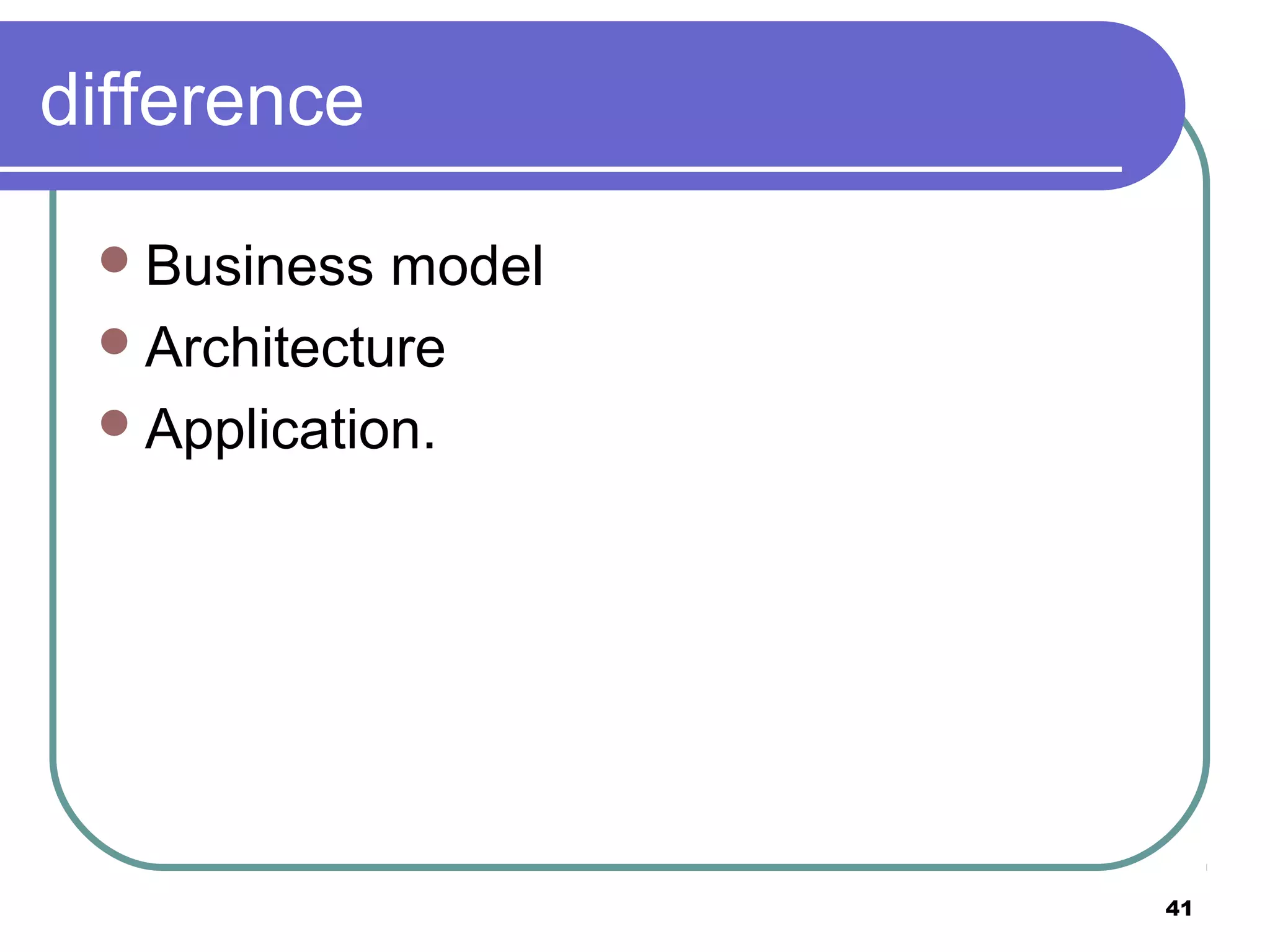 41
difference
Business model
Architecture
Application.
 