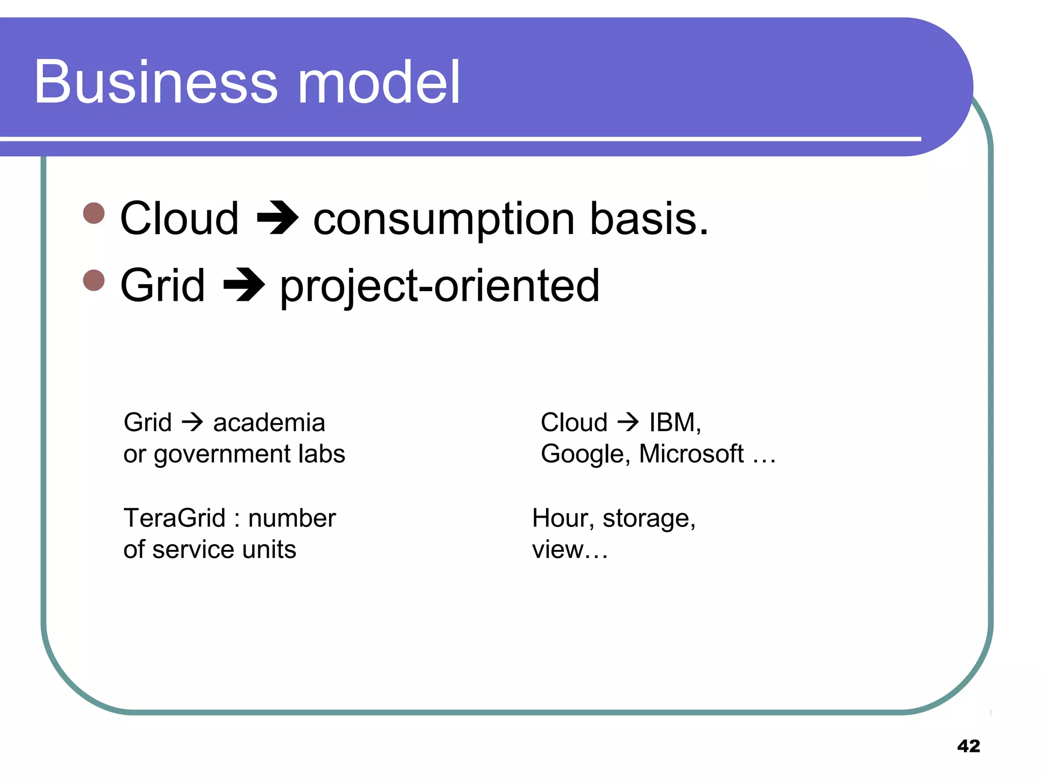 42
Business model
Cloud  consumption basis.
Grid  project-oriented
Grid  academia
or government labs
Cloud  IBM,
Google, Microsoft …
TeraGrid : number
of service units
Hour, storage,
view…
 