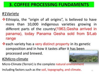 3. COFFEE PROCESSING FUNDAMENTS
#1Variety
Ethiopia, the “origin of all origins”, is believed to have
more than 10,000 indigenous varieties growing in
different parts of the country(1963,Gesha arrived in
panama), today Panama Gesha sold from $/Lab
range
each variety has a very distinct property in its genetic
composition and in how it tastes after it has been
processed and brewed.
#2Micro-climate
Micro-Climate (Terroir) is the complete natural environment
including factors such as the soil, topography, and climate. 11
 