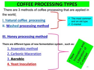 COFFEE PROCESSING TYPES
There are 3 methods of coffee processing that are applied in
the world;
I. Natural coffee processing
II. Washed processing method
III. Honey processing method
There are different types of new fermentation system , such as:
1. Anaerobic method
2. Carbonic Maceration
3. Aerobic
4. Yeast Inoculation
29
 The most common
and an old type
 C-market
 