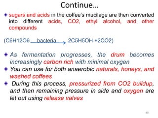 Continue…
sugars and acids in the coffee’s mucilage are then converted
into different acids, CO2, ethyl alcohol, and other
compounds
(C6H12O6 bacteria 2C5H5OH +2CO2)
As fermentation progresses, the drum becomes
increasingly carbon rich with minimal oxygen
You can use for both anaerobic naturals, honeys, and
washed coffees
During this process, pressurized from CO2 buildup,
and then remaining pressure in side and oxygen are
let out using release valves
49
 