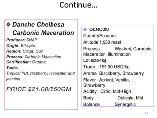 Continue…
Danche Chelbesa
Carbonic Maceration
Producer: SNAP
Origin: Ethiopia
Region: Uraga, Guji
Process: Carbonic Maceration
Certification: Organic
Taste:
Tropical fruit, raspberry, rosewater and
jasmine
PRICE $21.00/250GM
GENESIS
CountryPanama
Altitude 1,950 masl
Process Washed, Carbonic
Maceration, Illumination
Lot size4kg
Trade 199.00 USD/kg
Aroma Blackberry, Strawberry
Flavor Apricot, Vanilla,
Strawberry
Acidity Citric, Mid-High
Body Delicate, Mid
Balance Synergetic
63
 