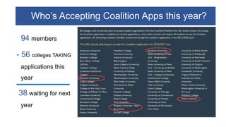 2016-2017 Common Application Prompts
250-650 Words (2015-2016 percentages)
1. Some students have a background, identity, interest, or talent that is so meaningful they believe their application would
be incomplete without it. If this sounds like you, then please share your story. (49%)
2. The lessons we take from failure can be fundamental to later success. Recount an incident or time when you
experienced failure. How did it affect you, and what did you learn from the experience? (17%)
3. Reflect on a time when you challenged a belief or idea. What prompted you to act? Would you make the same
decision again. (4%)
4. Describe a problem you’ve solved or a problem you’d like to solve. It can be an intellectual challenge, a research
query, an ethical dilemma-anything that is of personal importance, no matter the scale. Explain its significance to you and
what steps you took or could be taken to identify a solution. (10%)
5. Discuss an accomplishment or event, formal or informal, that marked your transition from childhood to adulthood
within your culture, community, or family. (22%)
 