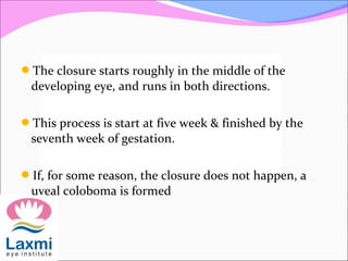 The closure starts roughly in the middle of the
developing eye, and runs in both directions.
This process is start at five week & finished by the
seventh week of gestation.
If, for some reason, the closure does not happen, a
uveal coloboma is formed
 
