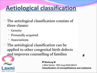 Aetiological classification
• The aetiological classification consists of
three classes:
• Genetic
• Prenatally acquired
• Associations
• The aetiological classification can be
applied to other congenital birth defects
and improves counselling of families #
# Warburg M
J Med Genet. 1993 Aug;30(8):664-9
Classification of microphthalmos and coloboma
 
