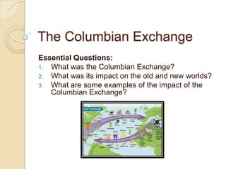 The Columbian Exchange
Essential Questions:
1. What was the Columbian Exchange?
2. What was its impact on the old and new worlds?
3. What are some examples of the impact of the
   Columbian Exchange?
 