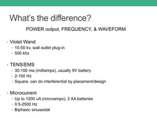 What’s the difference?
POWER output, FREQUENCY, & WAVEFORM
• Violet Wand
• 10-50 kv, wall outlet plug-in
• 500 khz
• TENS/EMS
• 30-100 ma (milliamps), usually 9V battery
• 2-150 Hz
• Square, can do interferential by placement/design
• Microcurrent
• Up to 1200 uA (microamps), 2 AA batteries
• 0.5-2500 Hz
• Biphasic sinusoidal
 